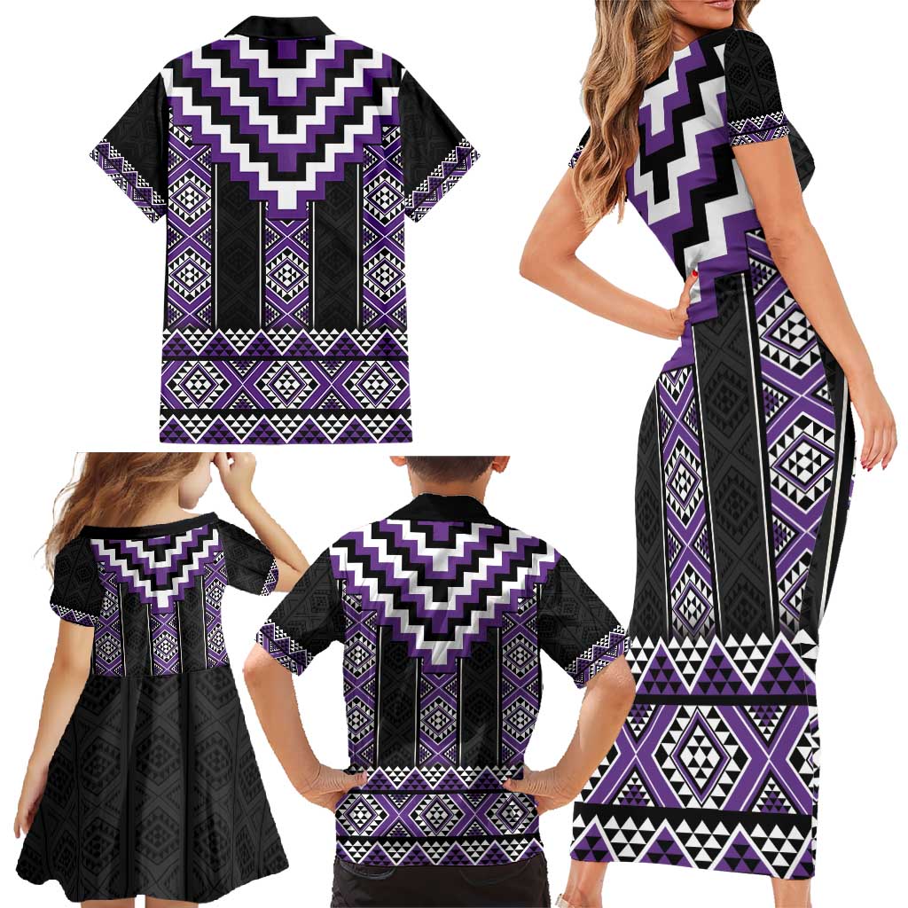 Purple Taniko Pattern Aotearoa Family Matching Short Sleeve Bodycon Dress and Hawaiian Shirt Niho Taniwha Mix Poutama LT14