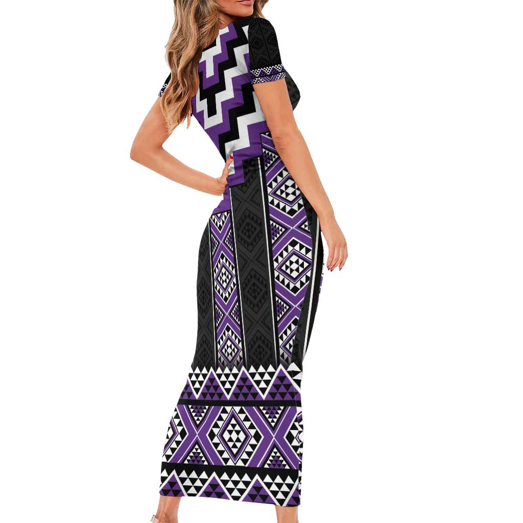 Purple Taniko Pattern Aotearoa Family Matching Short Sleeve Bodycon Dress and Hawaiian Shirt Niho Taniwha Mix Poutama LT14