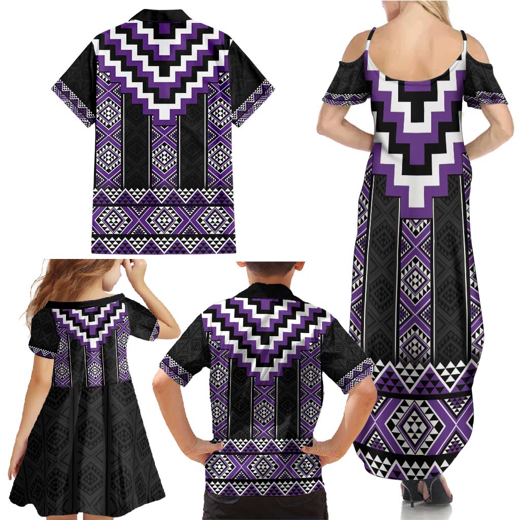 Purple Taniko Pattern Aotearoa Family Matching Summer Maxi Dress and Hawaiian Shirt Niho Taniwha Mix Poutama LT14