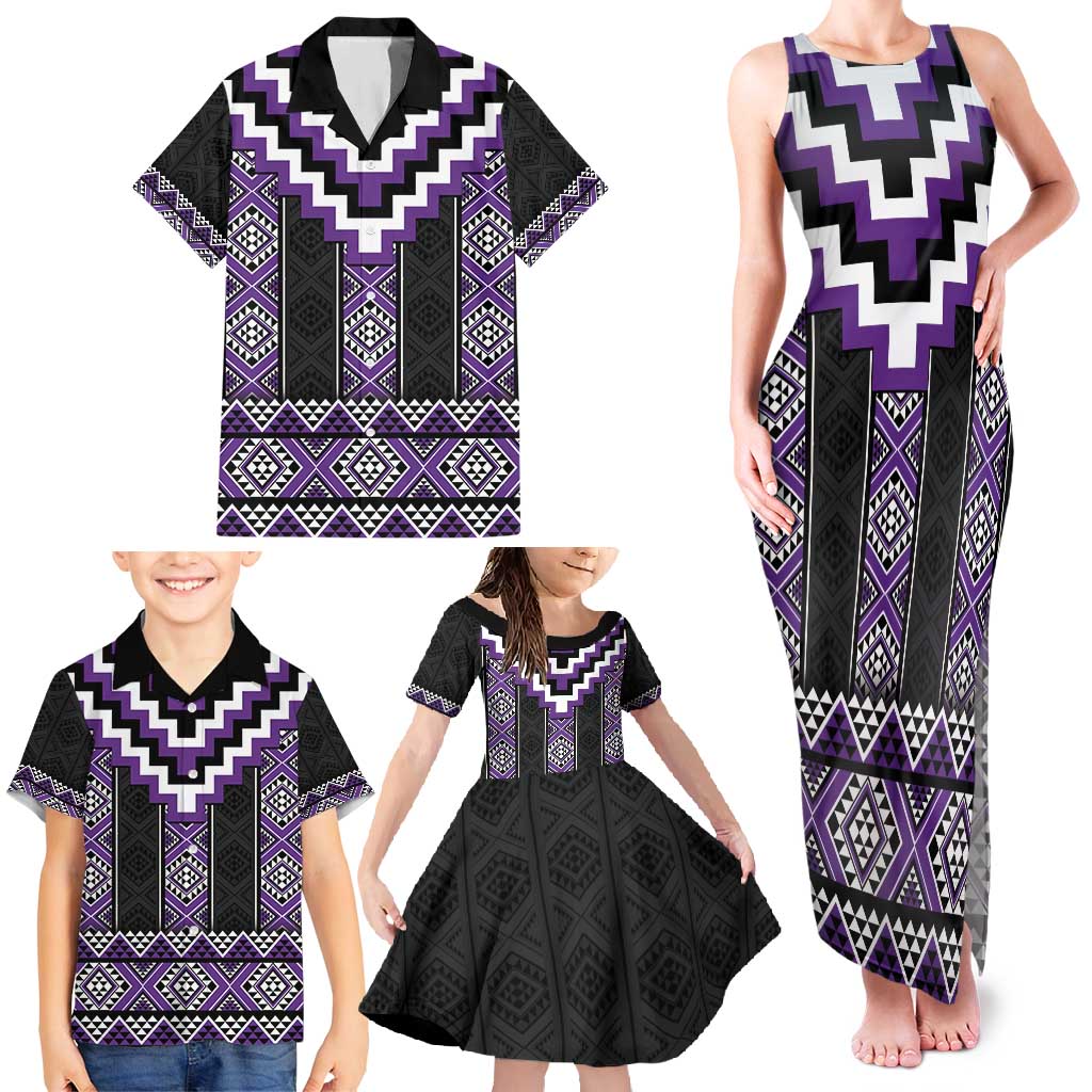 Purple Taniko Pattern Aotearoa Family Matching Tank Maxi Dress and Hawaiian Shirt Niho Taniwha Mix Poutama LT14