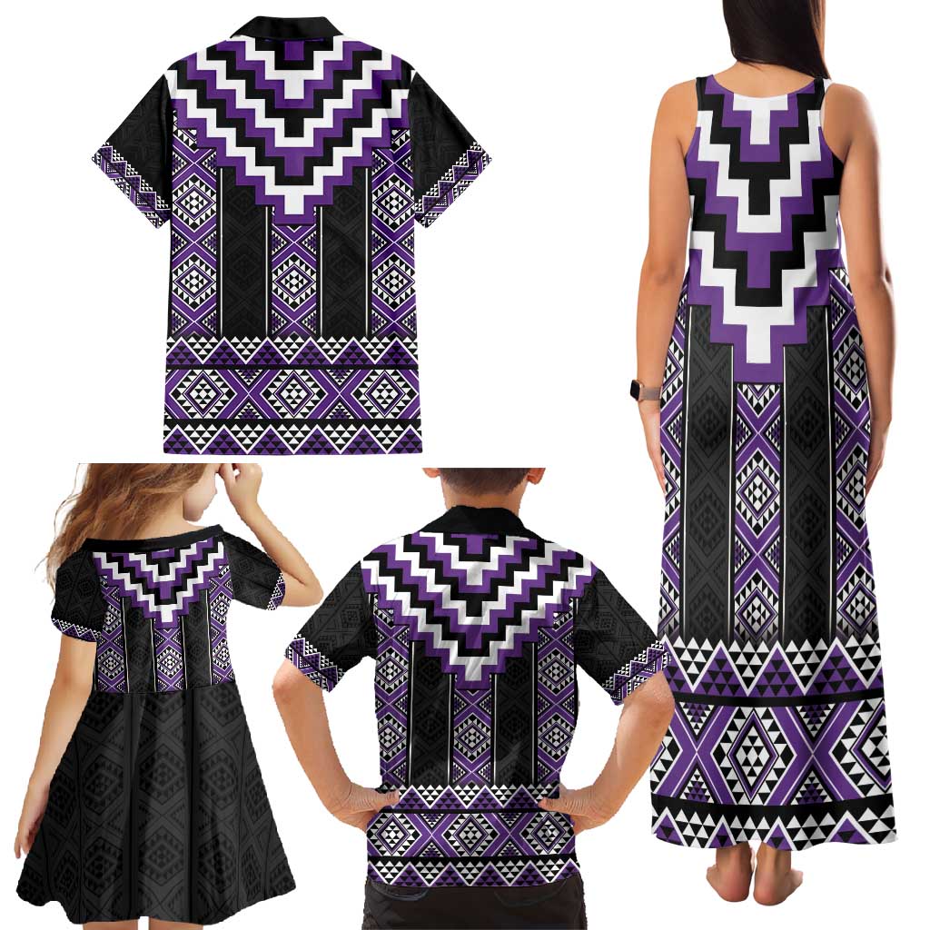 Purple Taniko Pattern Aotearoa Family Matching Tank Maxi Dress and Hawaiian Shirt Niho Taniwha Mix Poutama LT14