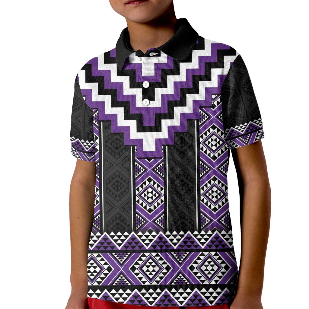 Purple Taniko Pattern Aotearoa Kid Polo Shirt Niho Taniwha Mix Poutama - Vibe Hoodie Shop