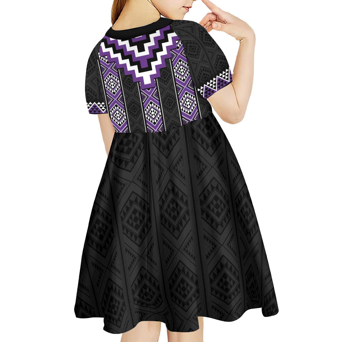 Purple Taniko Pattern Aotearoa Kid Short Sleeve Dress Niho Taniwha Mix Poutama - Vibe Hoodie Shop