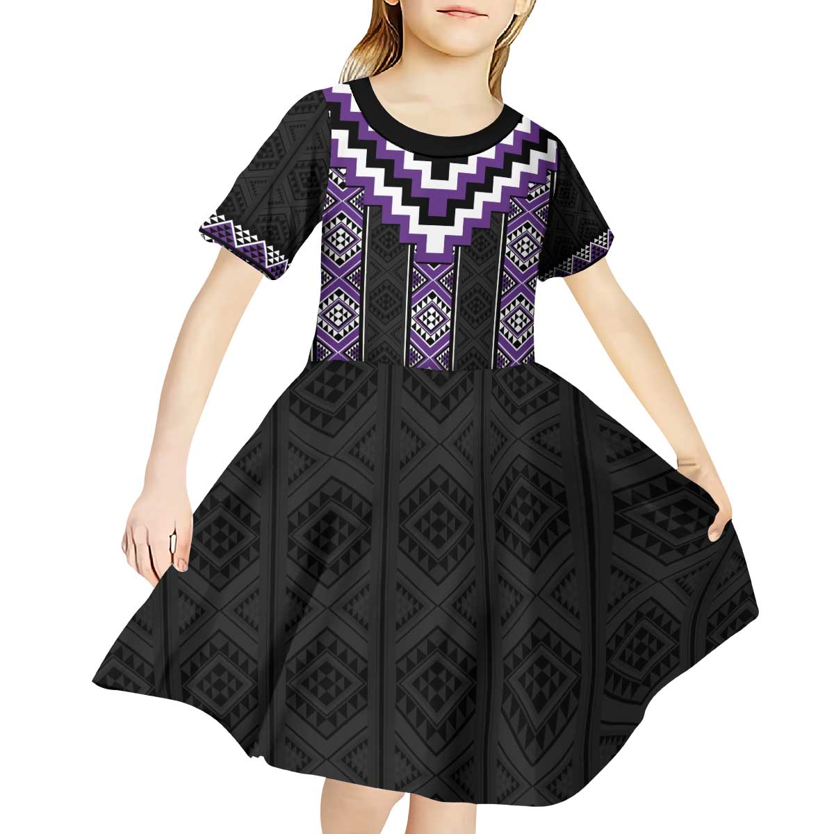 Purple Taniko Pattern Aotearoa Kid Short Sleeve Dress Niho Taniwha Mix Poutama - Vibe Hoodie Shop