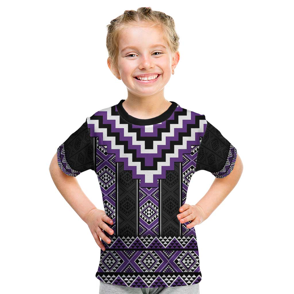 Purple Taniko Pattern Aotearoa Kid T Shirt Niho Taniwha Mix Poutama - Vibe Hoodie Shop