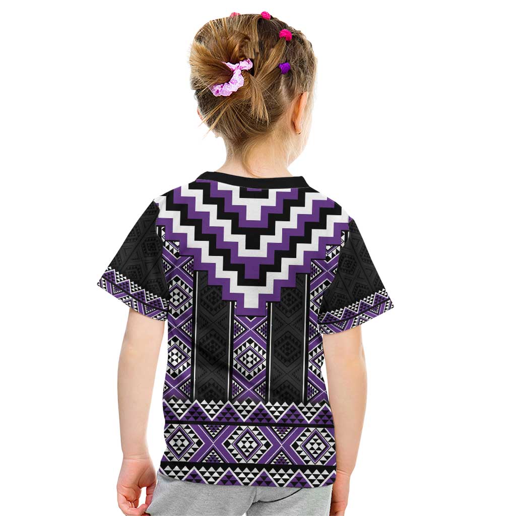 Purple Taniko Pattern Aotearoa Kid T Shirt Niho Taniwha Mix Poutama - Vibe Hoodie Shop