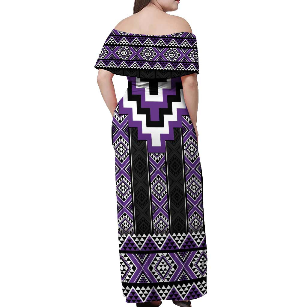 Purple Taniko Pattern Aotearoa Off Shoulder Maxi Dress Niho Taniwha Mix Poutama LT14