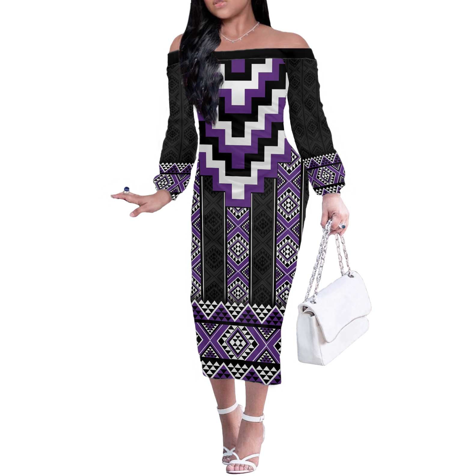 Purple Taniko Pattern Aotearoa Off The Shoulder Long Sleeve Dress Niho Taniwha Mix Poutama LT14