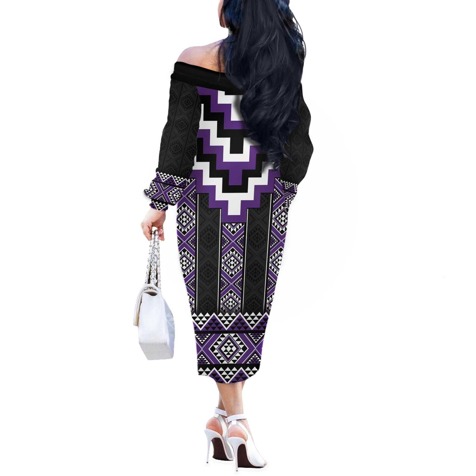 Purple Taniko Pattern Aotearoa Off The Shoulder Long Sleeve Dress Niho Taniwha Mix Poutama LT14