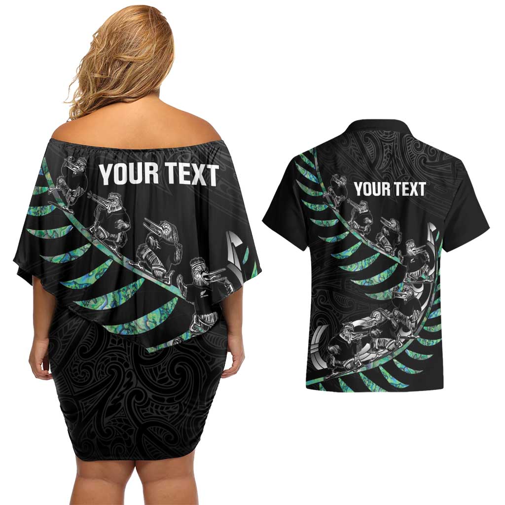Custom New Zealand Silver Fern Rugby Couples Matching Off Shoulder Short Dress and Hawaiian Shirt Aotearoa Kiwi Maori Pattern