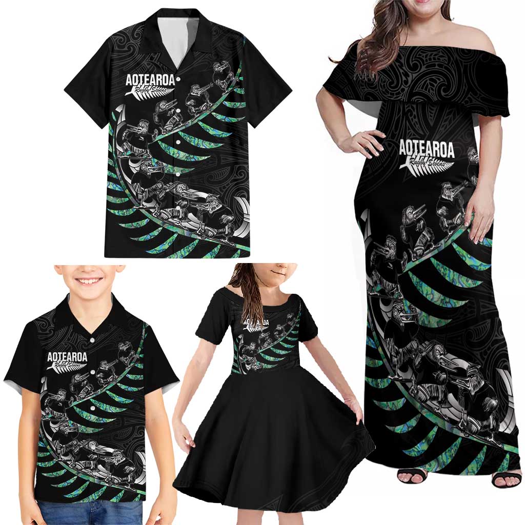 Custom New Zealand Silver Fern Rugby Family Matching Off Shoulder Maxi Dress and Hawaiian Shirt Aotearoa Kiwi Maori Pattern