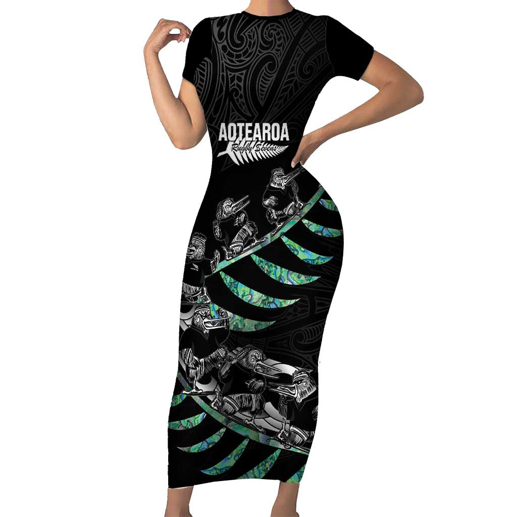 Custom New Zealand Silver Fern Rugby Family Matching Short Sleeve Bodycon Dress and Hawaiian Shirt Aotearoa Kiwi Maori Pattern