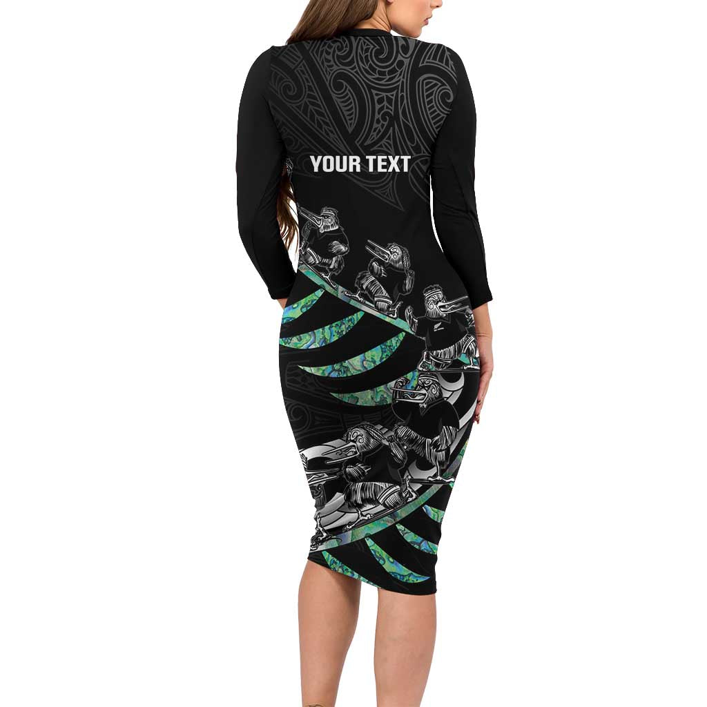 Custom New Zealand Silver Fern Rugby Long Sleeve Bodycon Dress Aotearoa Kiwi Maori Pattern