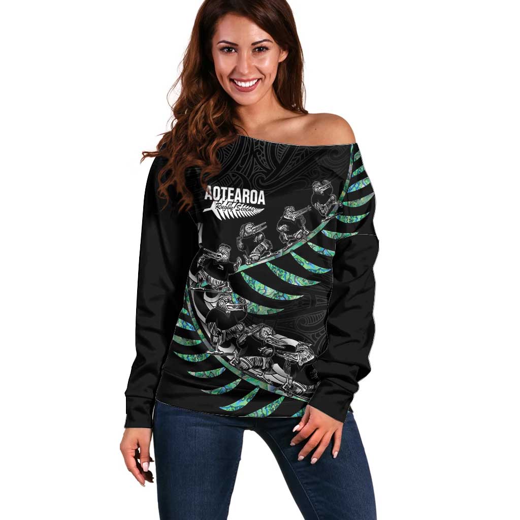 Custom New Zealand Silver Fern Rugby Off Shoulder Sweater Aotearoa Kiwi Maori Pattern - Vibe Hoodie Shop