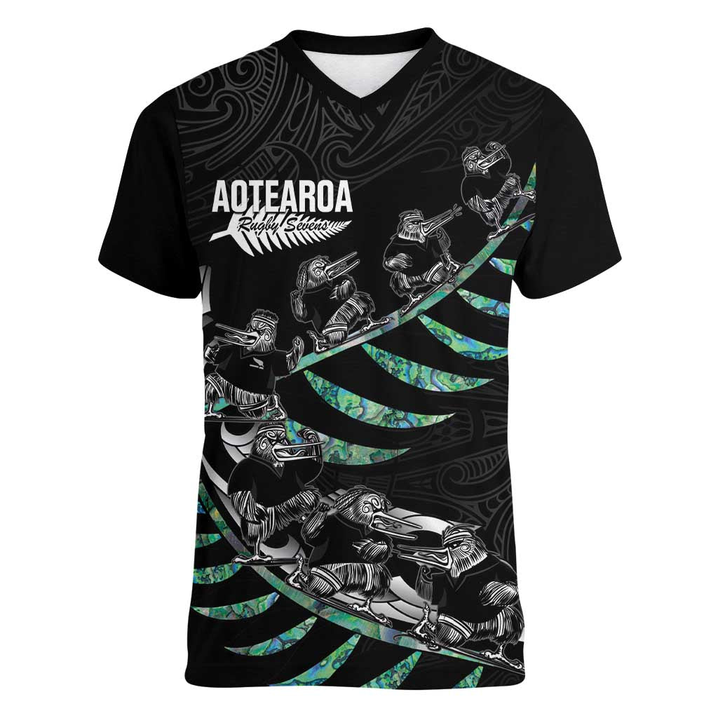 Custom New Zealand Silver Fern Rugby Women V-Neck T-Shirt Aotearoa Kiwi Maori Pattern - Vibe Hoodie Shop