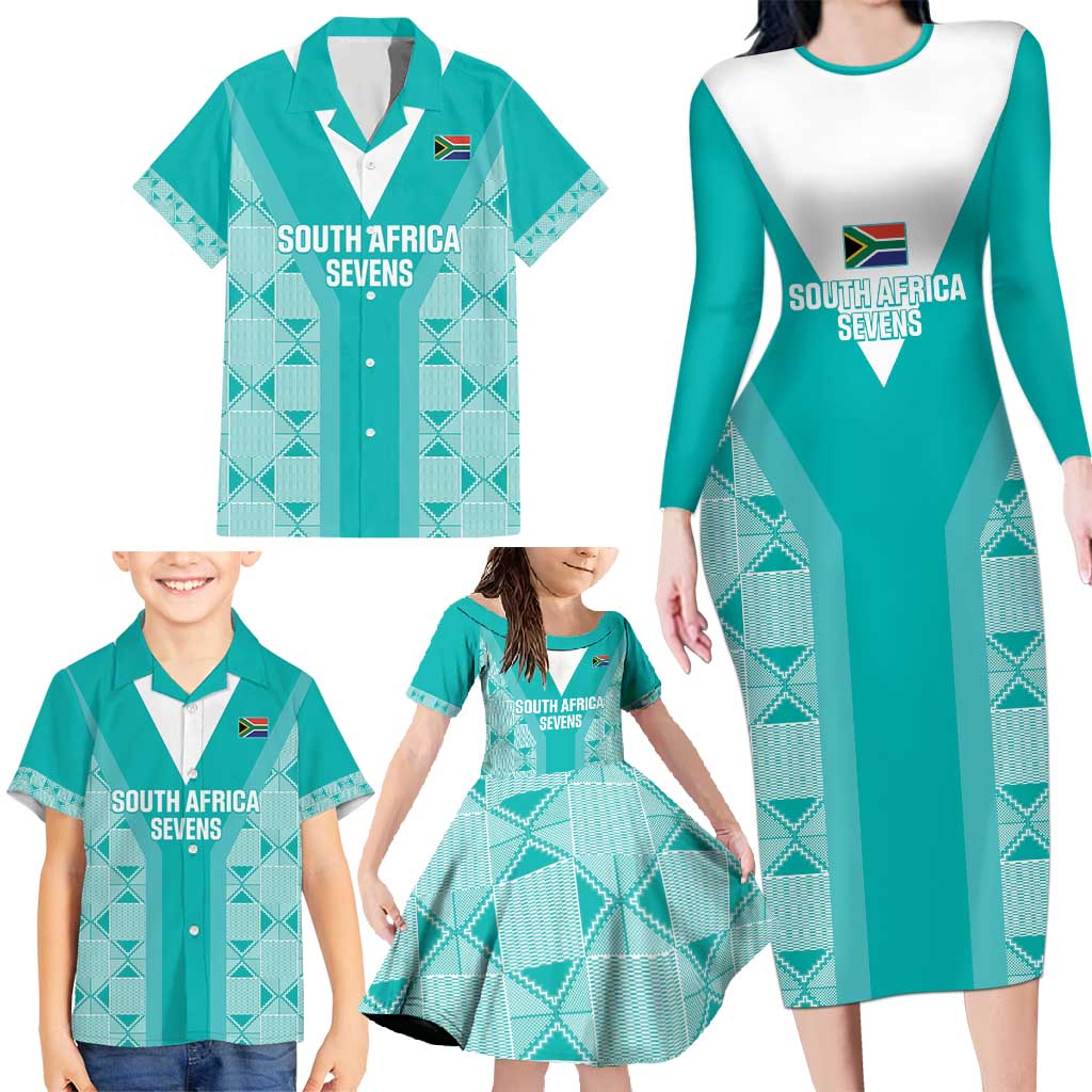 Custom South Africa Rugby Family Matching Long Sleeve Bodycon Dress and Hawaiian Shirt Go Champions Springboks - Teal Version