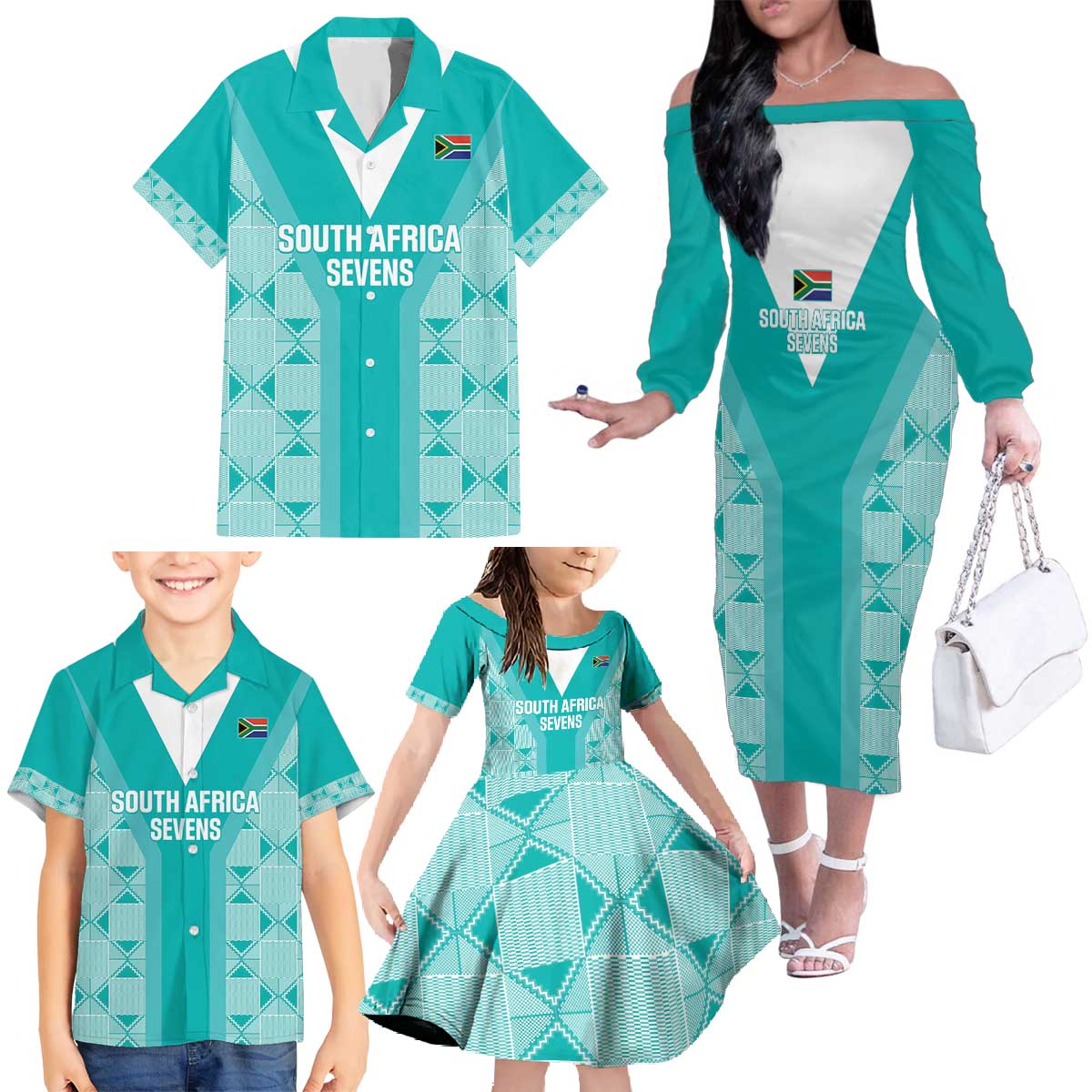 Custom South Africa Rugby Family Matching Off The Shoulder Long Sleeve Dress and Hawaiian Shirt Go Champions Springboks - Teal Version