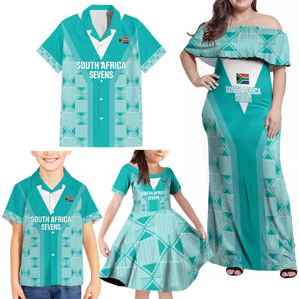 Custom South Africa Rugby Family Matching Off Shoulder Maxi Dress and Hawaiian Shirt Go Champions Springboks - Teal Version