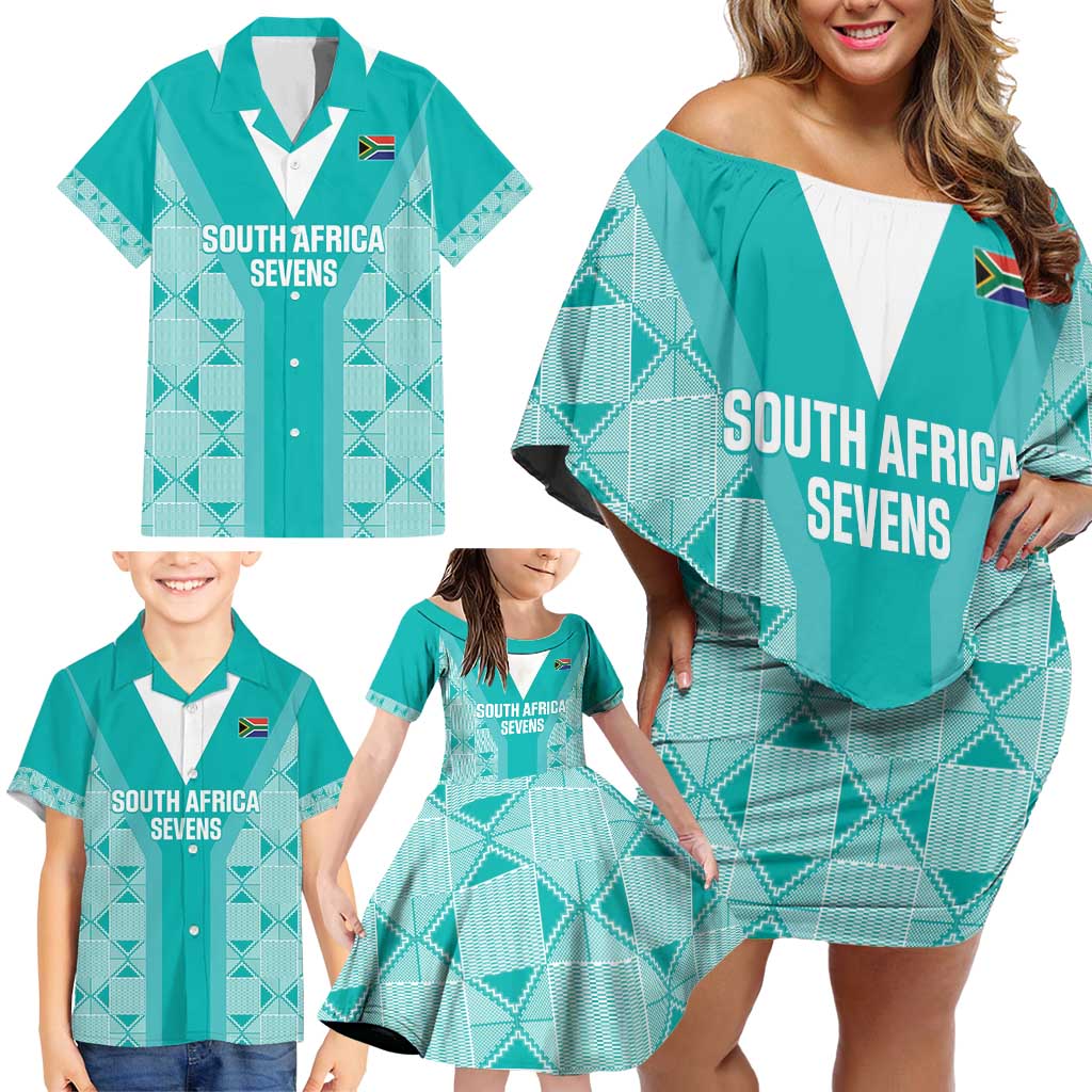 Custom South Africa Rugby Family Matching Off Shoulder Short Dress and Hawaiian Shirt Go Champions Springboks - Teal Version