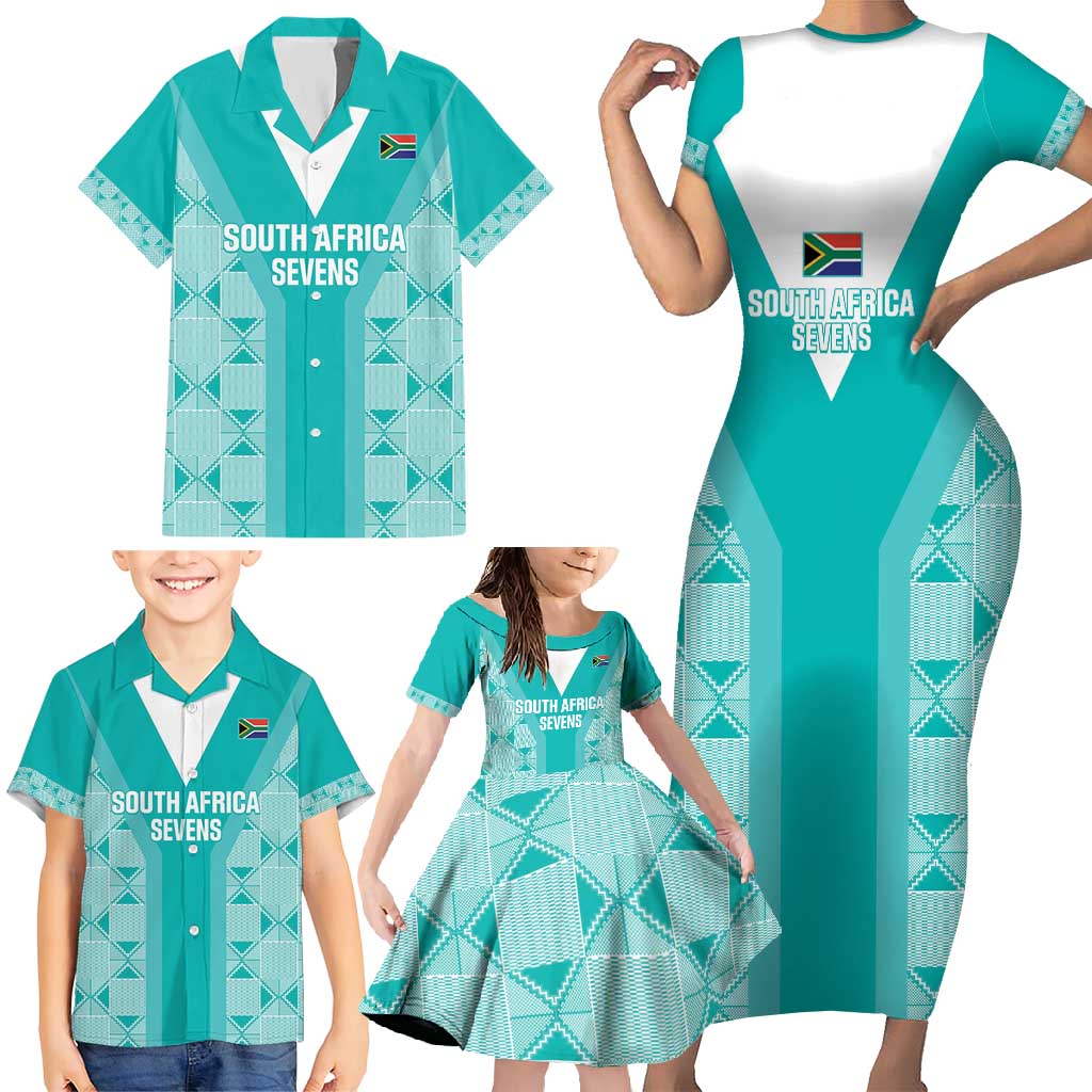 Custom South Africa Rugby Family Matching Short Sleeve Bodycon Dress and Hawaiian Shirt Go Champions Springboks - Teal Version