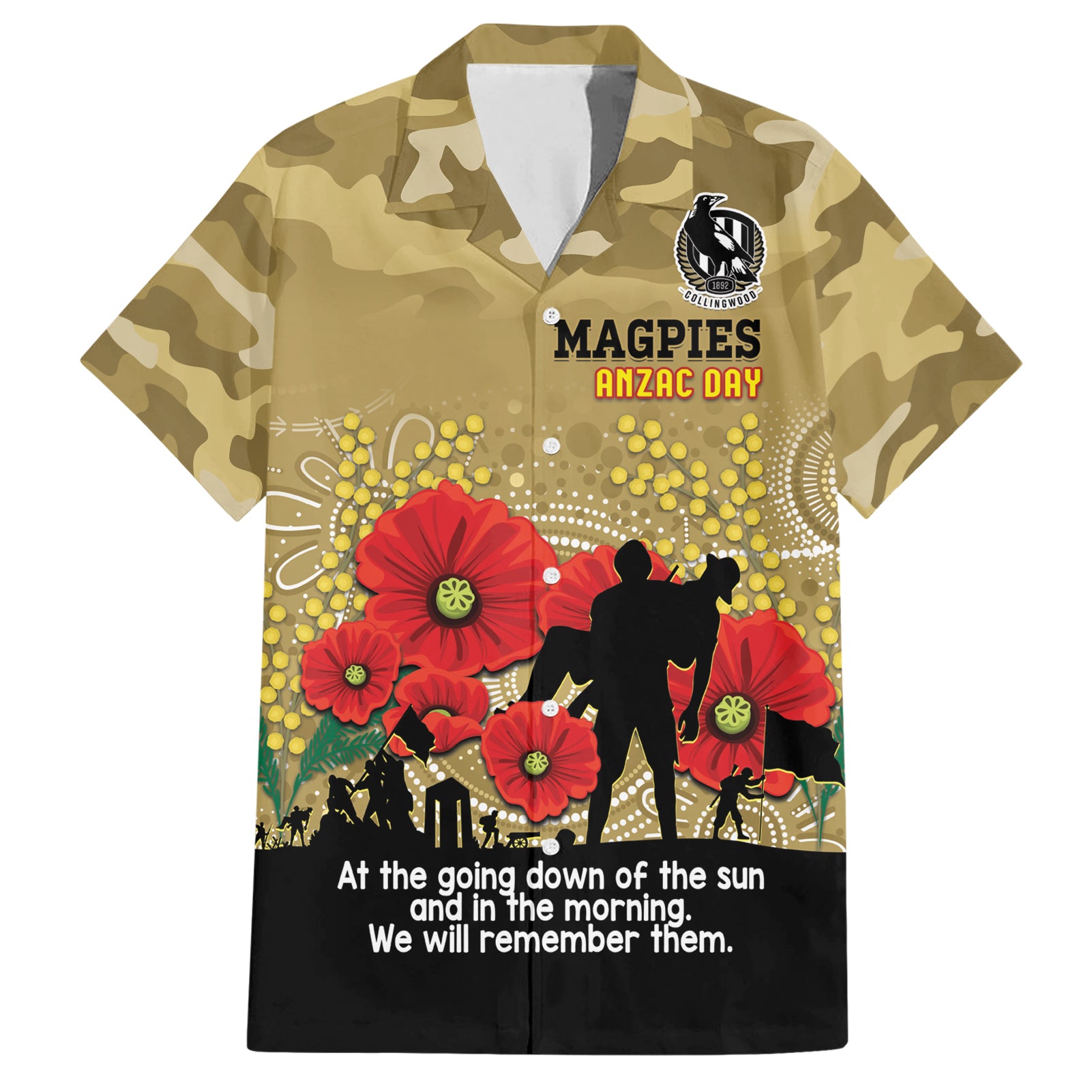 Custom Collingwood Football ANZAC Hawaiian Shirt Gallipoli Camouflage With Poppies - Vibe Hoodie Shop