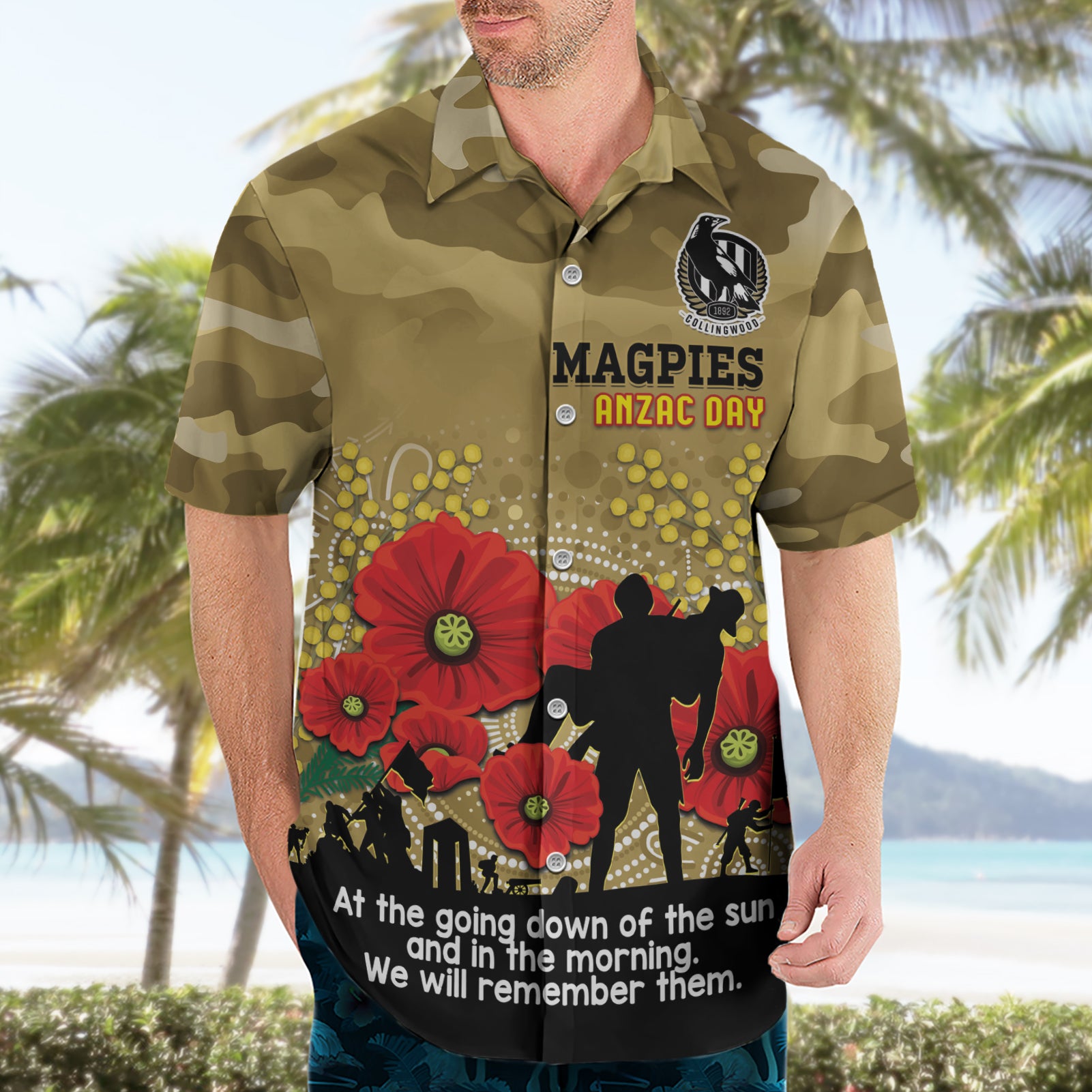 Custom Collingwood Football ANZAC Hawaiian Shirt Gallipoli Camouflage With Poppies - Vibe Hoodie Shop