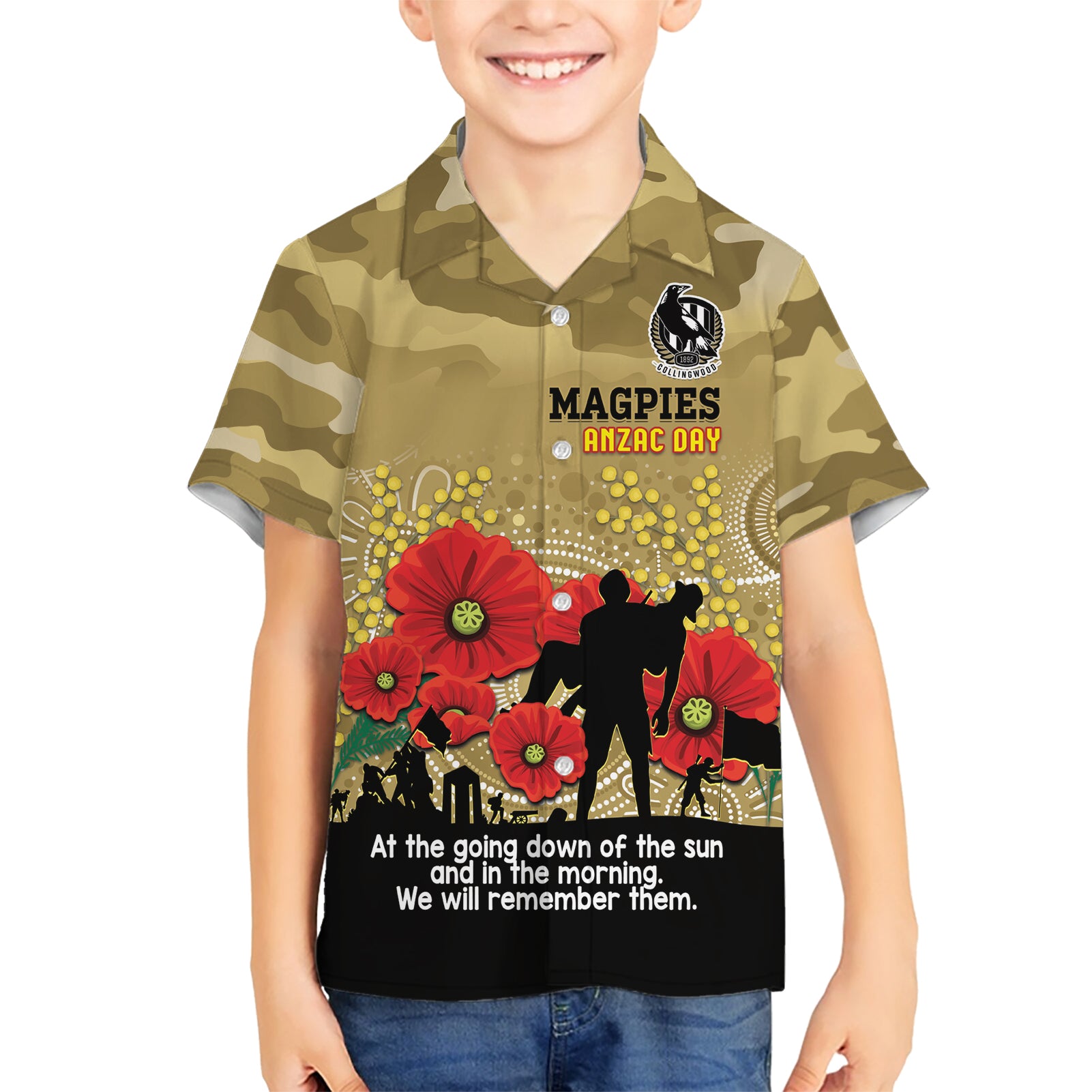 Custom Collingwood Football ANZAC Hawaiian Shirt Gallipoli Camouflage With Poppies - Vibe Hoodie Shop