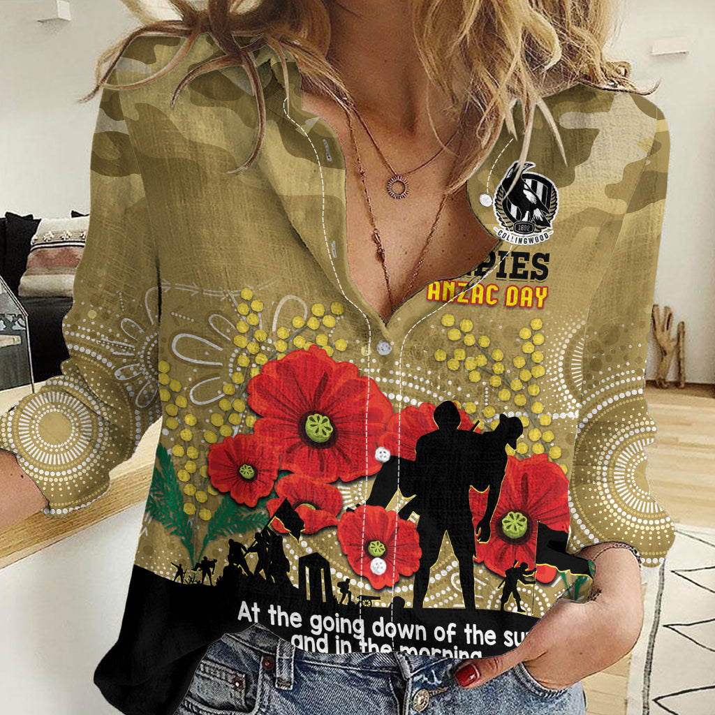 Custom Collingwood Football ANZAC Women Casual Shirt Gallipoli Camouflage With Poppies - Vibe Hoodie Shop