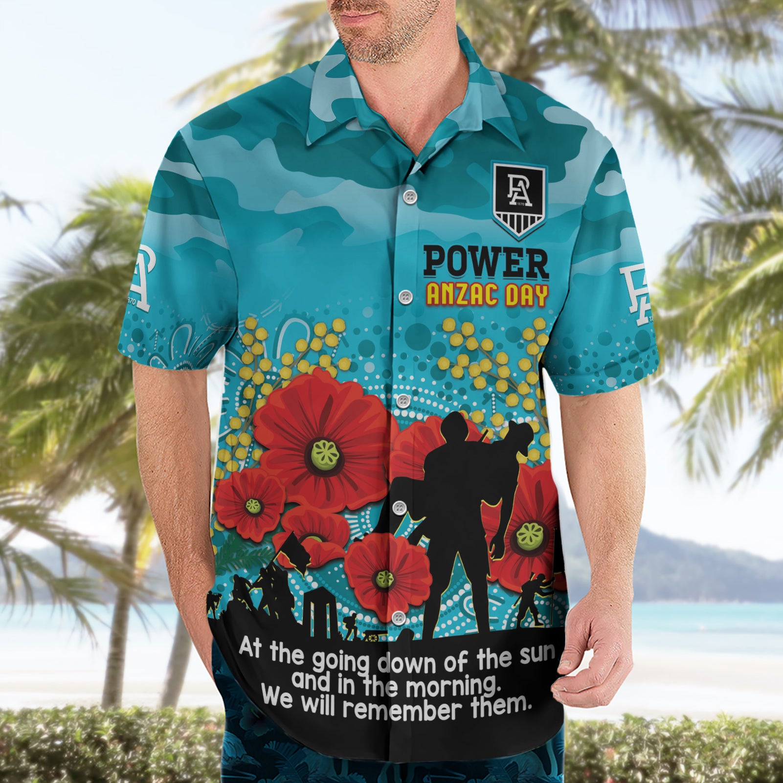 Custom Port Adelaide Football ANZAC Hawaiian Shirt Gallipoli Camouflage With Poppies - Vibe Hoodie Shop