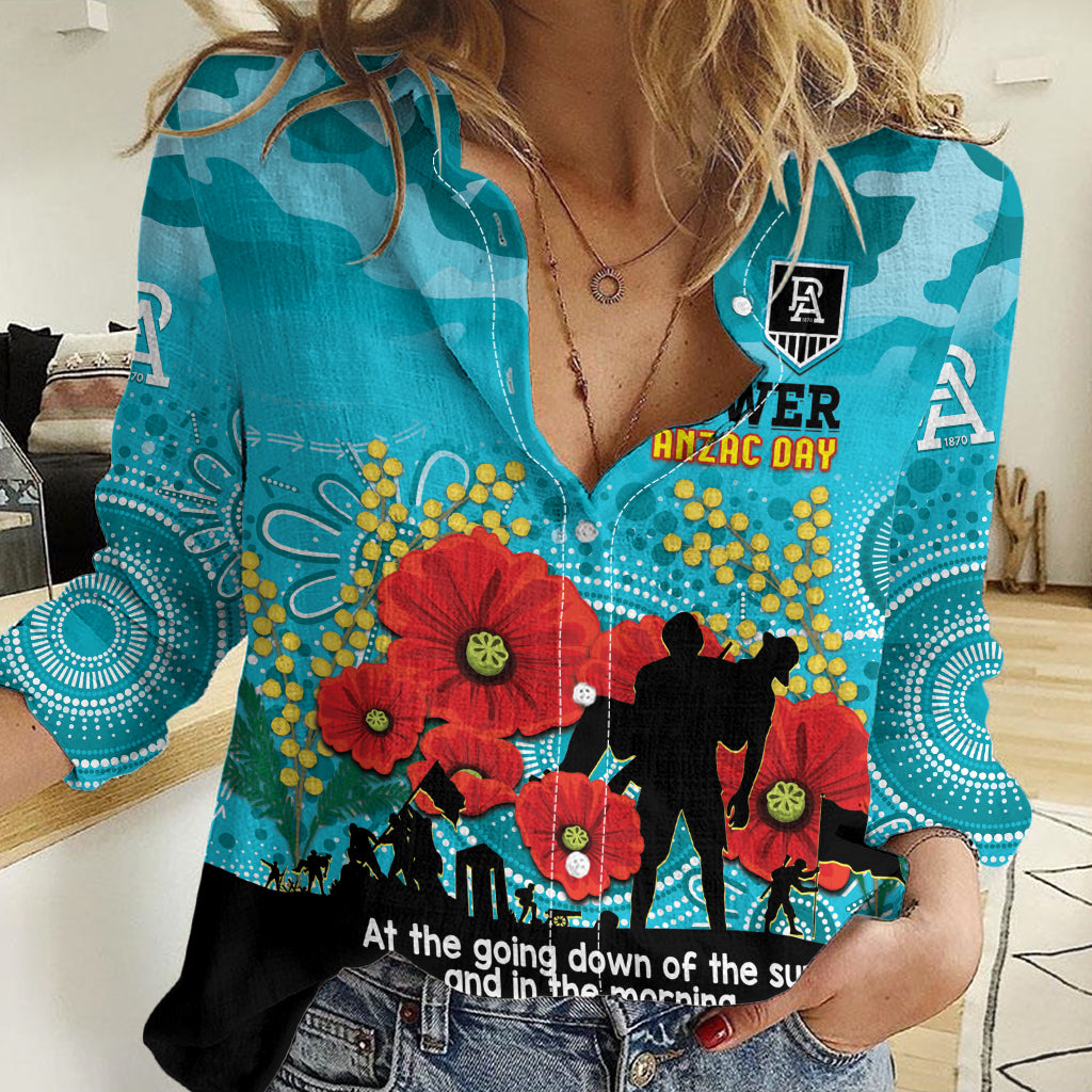 Custom Port Adelaide Football ANZAC Women Casual Shirt Gallipoli Camouflage With Poppies - Vibe Hoodie Shop