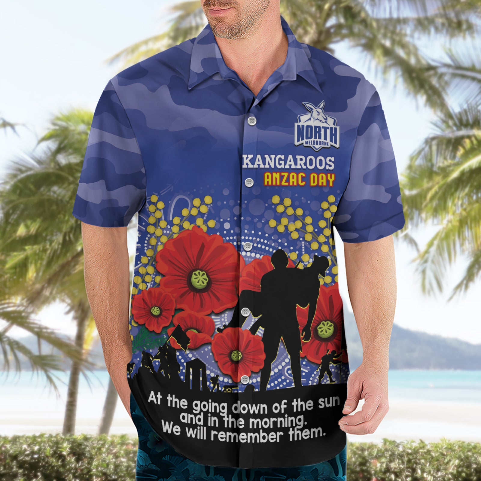 Custom Kangaroos Football ANZAC Hawaiian Shirt Gallipoli Camouflage With Poppies - Vibe Hoodie Shop