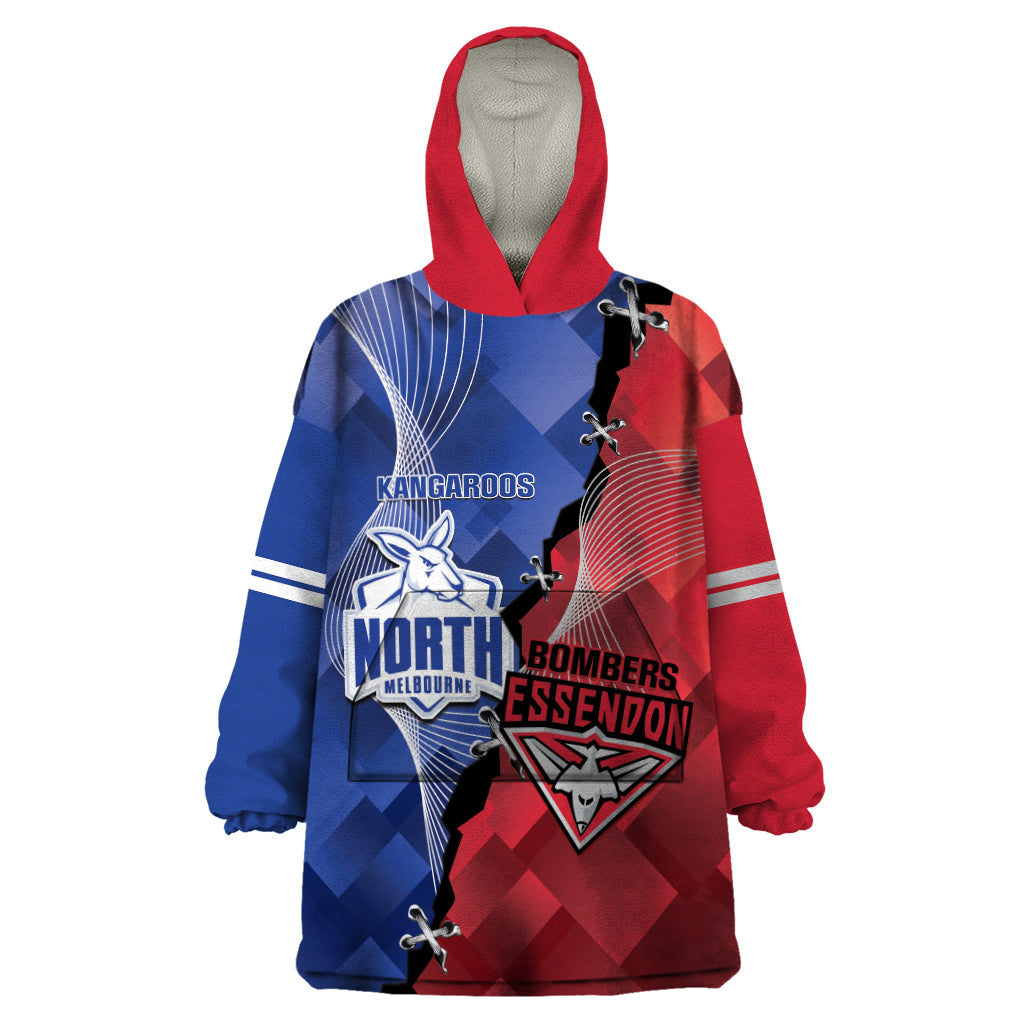 Personalised Kangaroos And Bombers Football Wearable Blanket Hoodie Sporty Version - Vibe Hoodie Shop