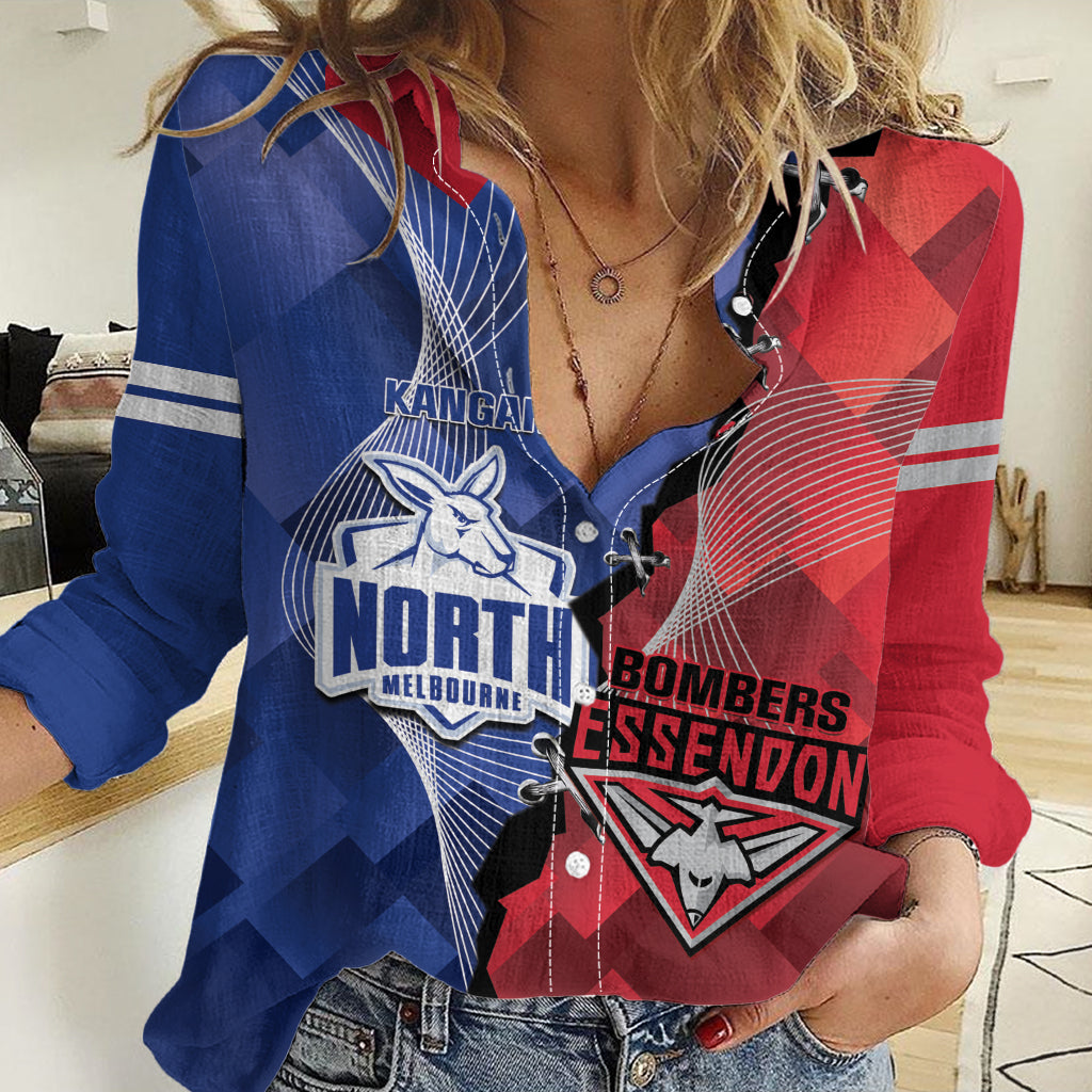 Personalised Kangaroos And Bombers Football Women Casual Shirt Sporty Version - Vibe Hoodie Shop