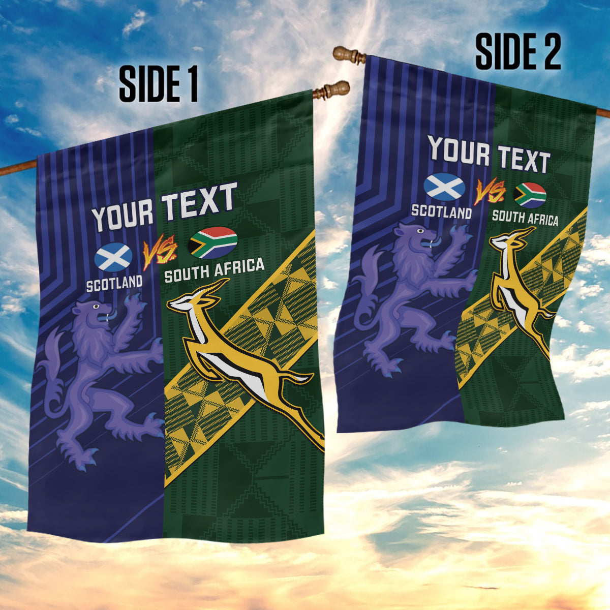 Custom Scotland And South Africa Rugby Garden Flag Thistles Springboks Together - Vibe Hoodie Shop