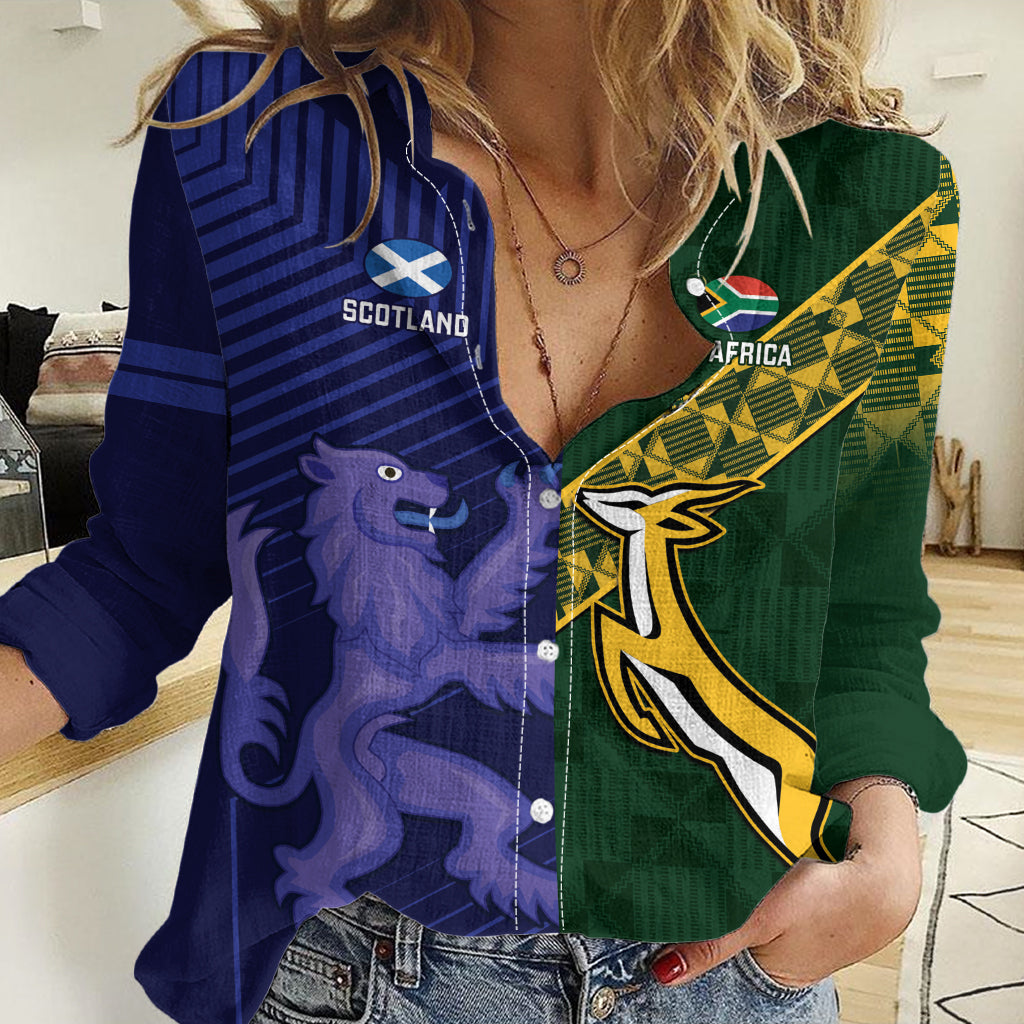 Custom Scotland And South Africa Rugby Women Casual Shirt Thistles Springboks Together - Vibe Hoodie Shop