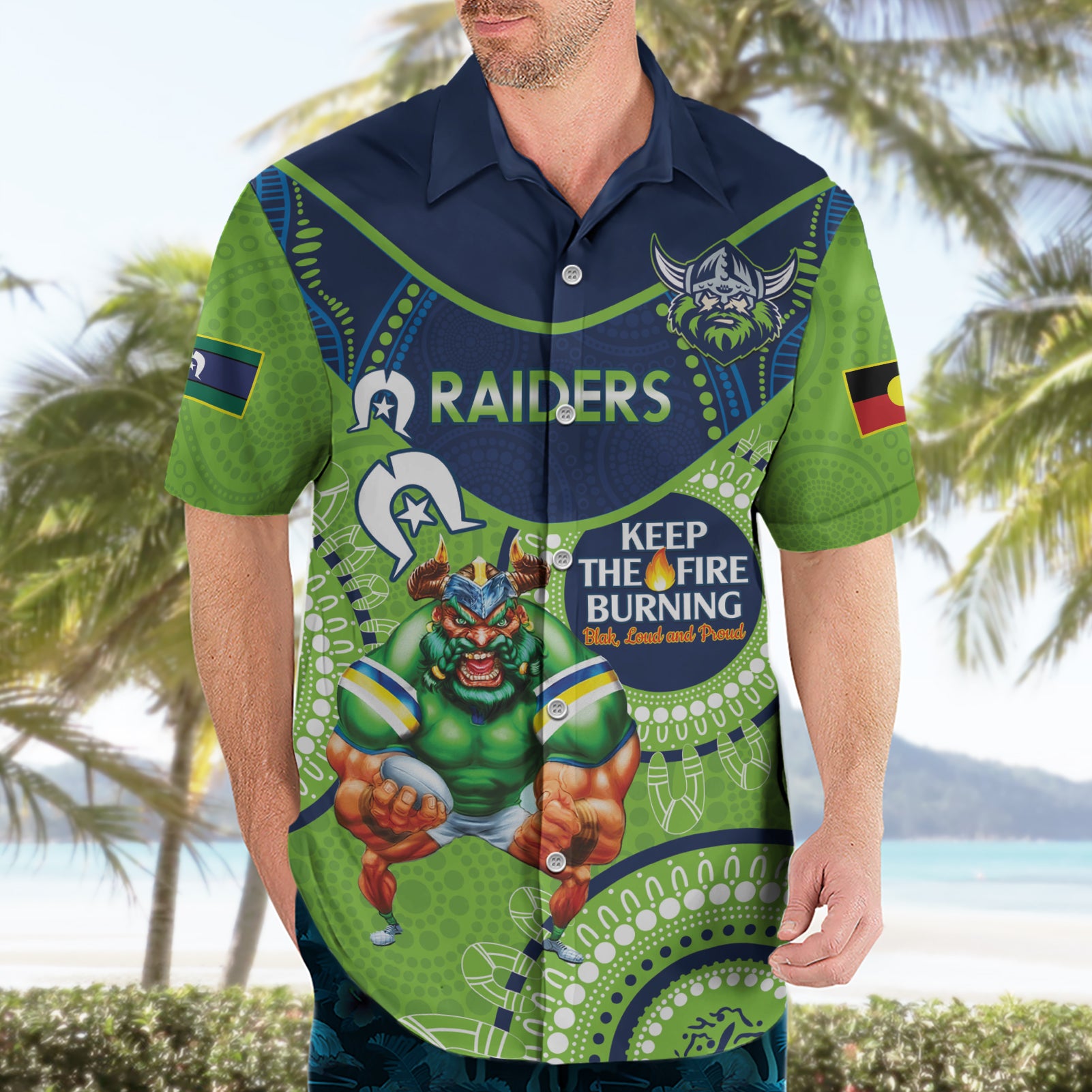 Custom NRL Raiders NAIDOC Week Hawaiian Shirt Keep The Fire Burning Indigenous Art - Vibe Hoodie Shop