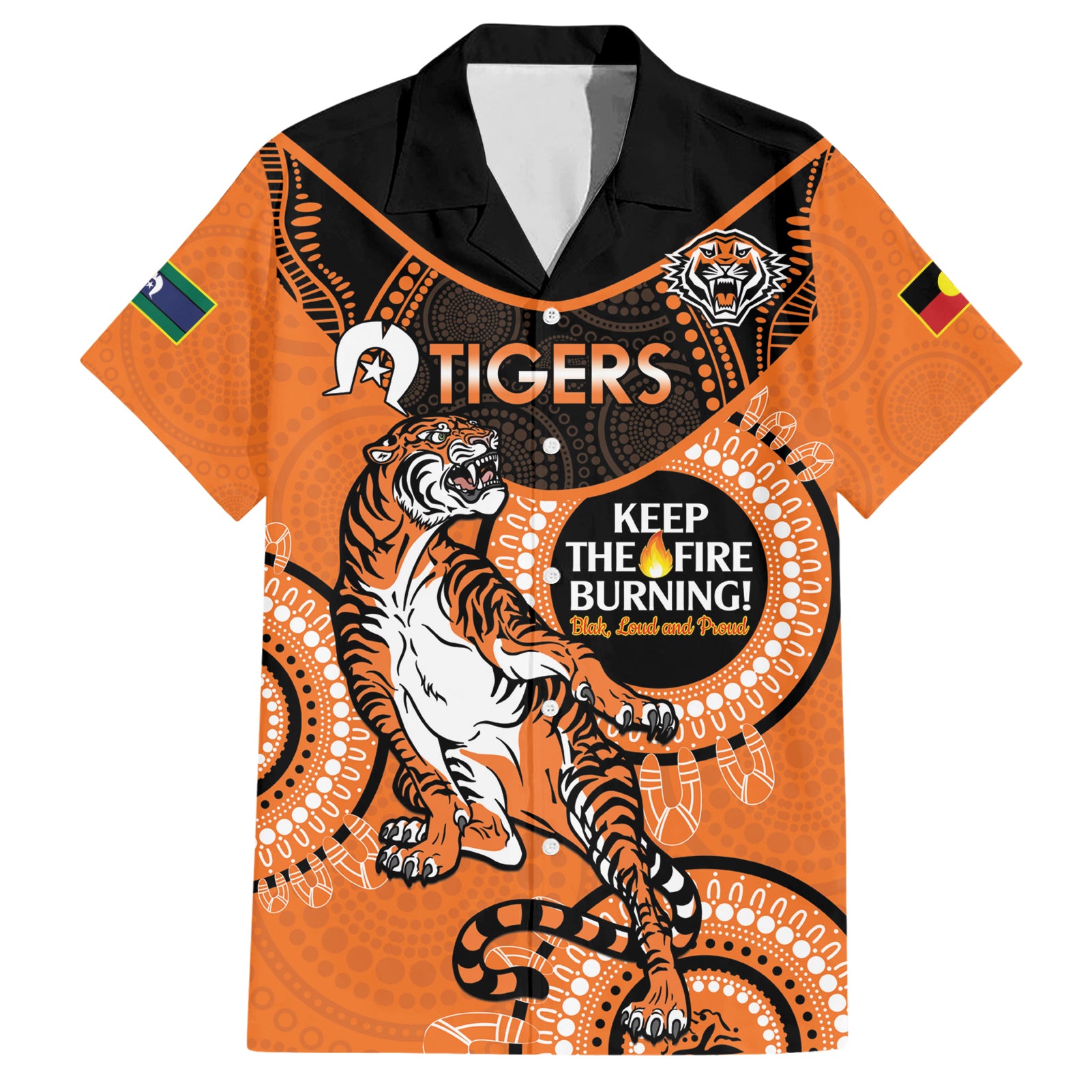 Custom NRL Tigers NAIDOC Week Hawaiian Shirt Keep The Fire Burning Indigenous Art - Vibe Hoodie Shop