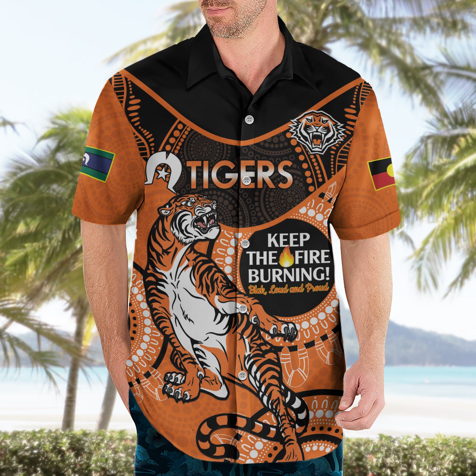 Custom NRL Tigers NAIDOC Week Hawaiian Shirt Keep The Fire Burning Indigenous Art - Vibe Hoodie Shop