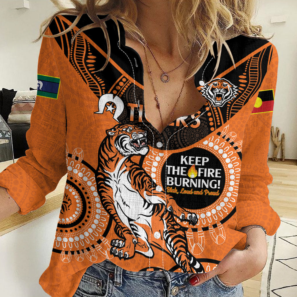 Custom NRL Tigers NAIDOC Week Women Casual Shirt Keep The Fire Burning Indigenous Art - Vibe Hoodie Shop