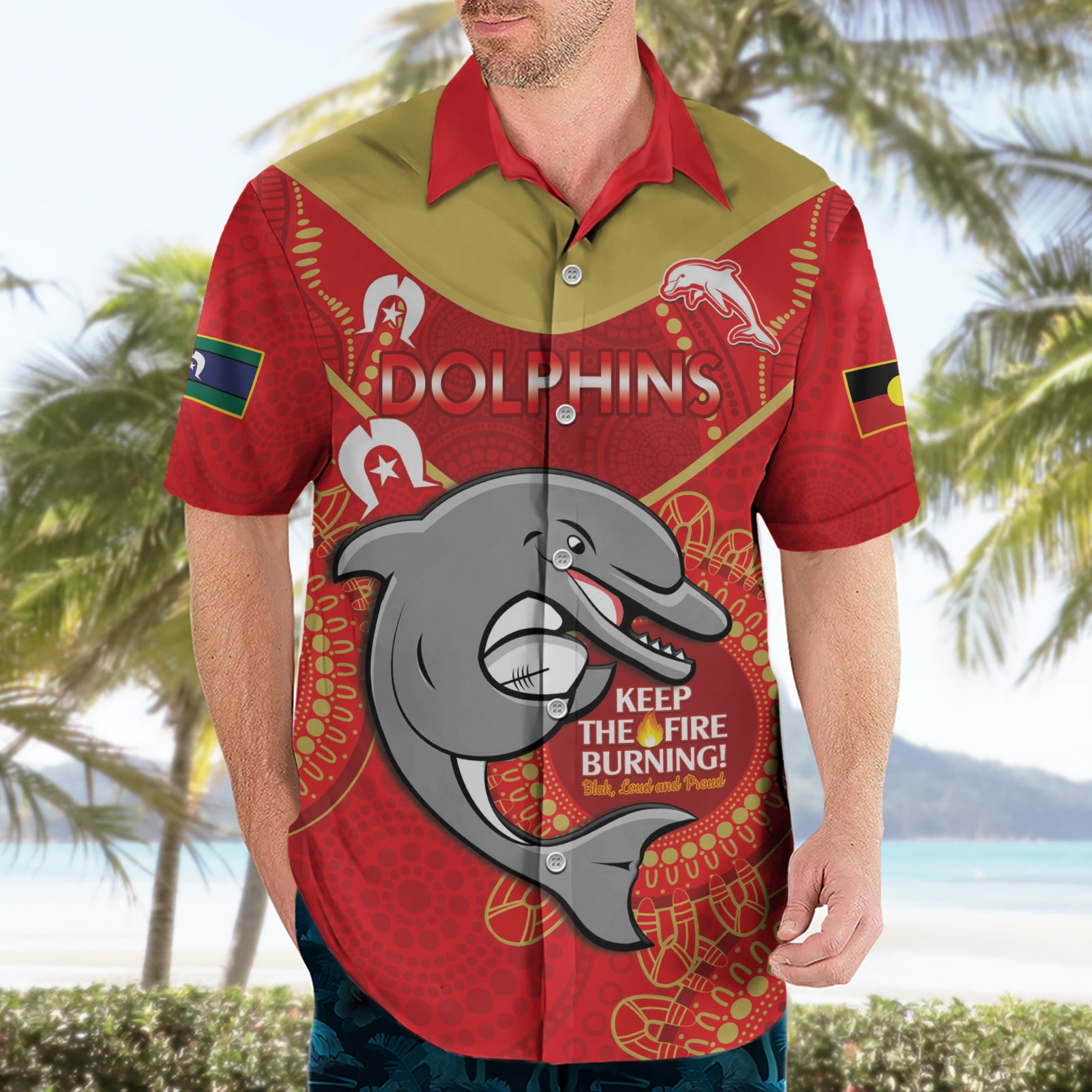 Custom NRL Dolphins NAIDOC Week Hawaiian Shirt Keep The Fire Burning Indigenous Art - Vibe Hoodie Shop