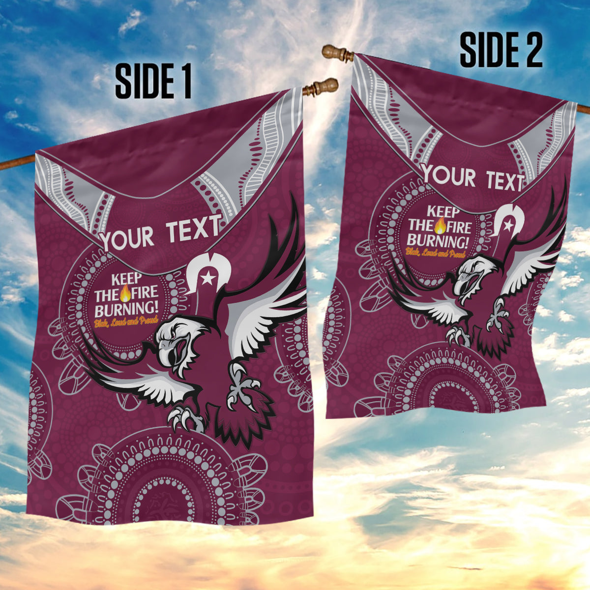 Custom NRL Sea Eagles NAIDOC Week Garden Flag Keep The Fire Burning Indigenous Art - Vibe Hoodie Shop