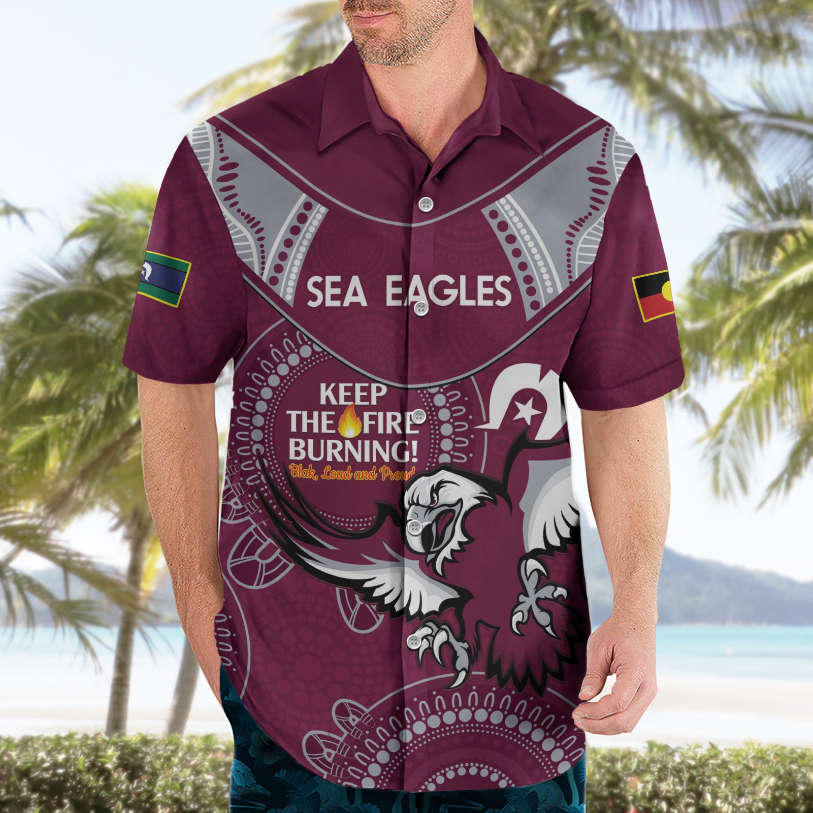 Custom NRL Sea Eagles NAIDOC Week Hawaiian Shirt Keep The Fire Burning Indigenous Art - Vibe Hoodie Shop