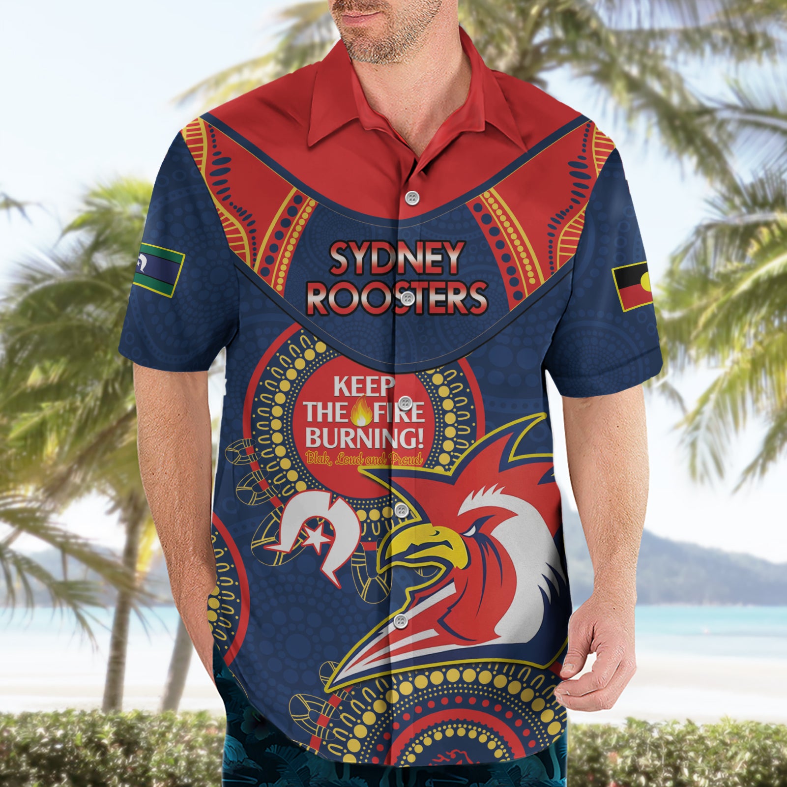 Custom NRL Roosters NAIDOC Week Hawaiian Shirt Keep The Fire Burning Indigenous Art - Vibe Hoodie Shop