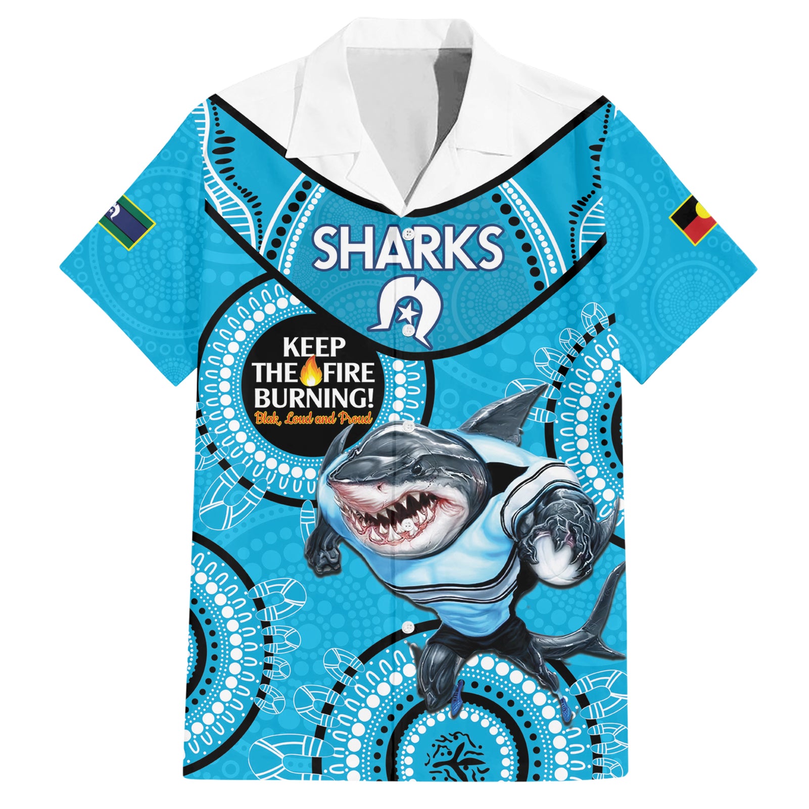 Custom NRL Sharks NAIDOC Week Hawaiian Shirt Keep The Fire Burning Indigenous Art - Vibe Hoodie Shop