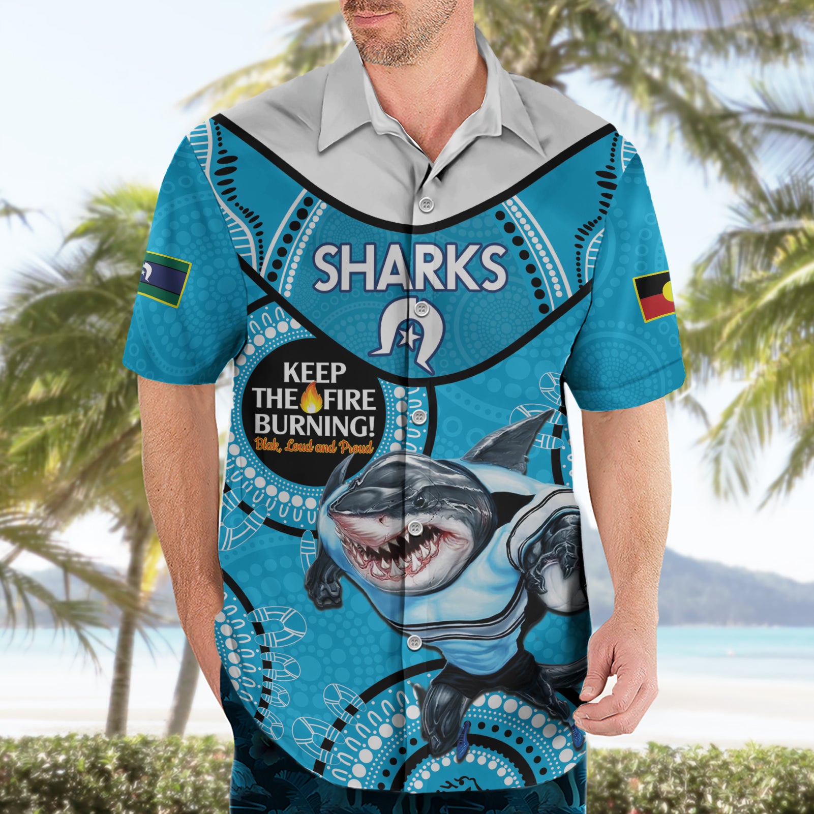 Custom NRL Sharks NAIDOC Week Hawaiian Shirt Keep The Fire Burning Indigenous Art - Vibe Hoodie Shop