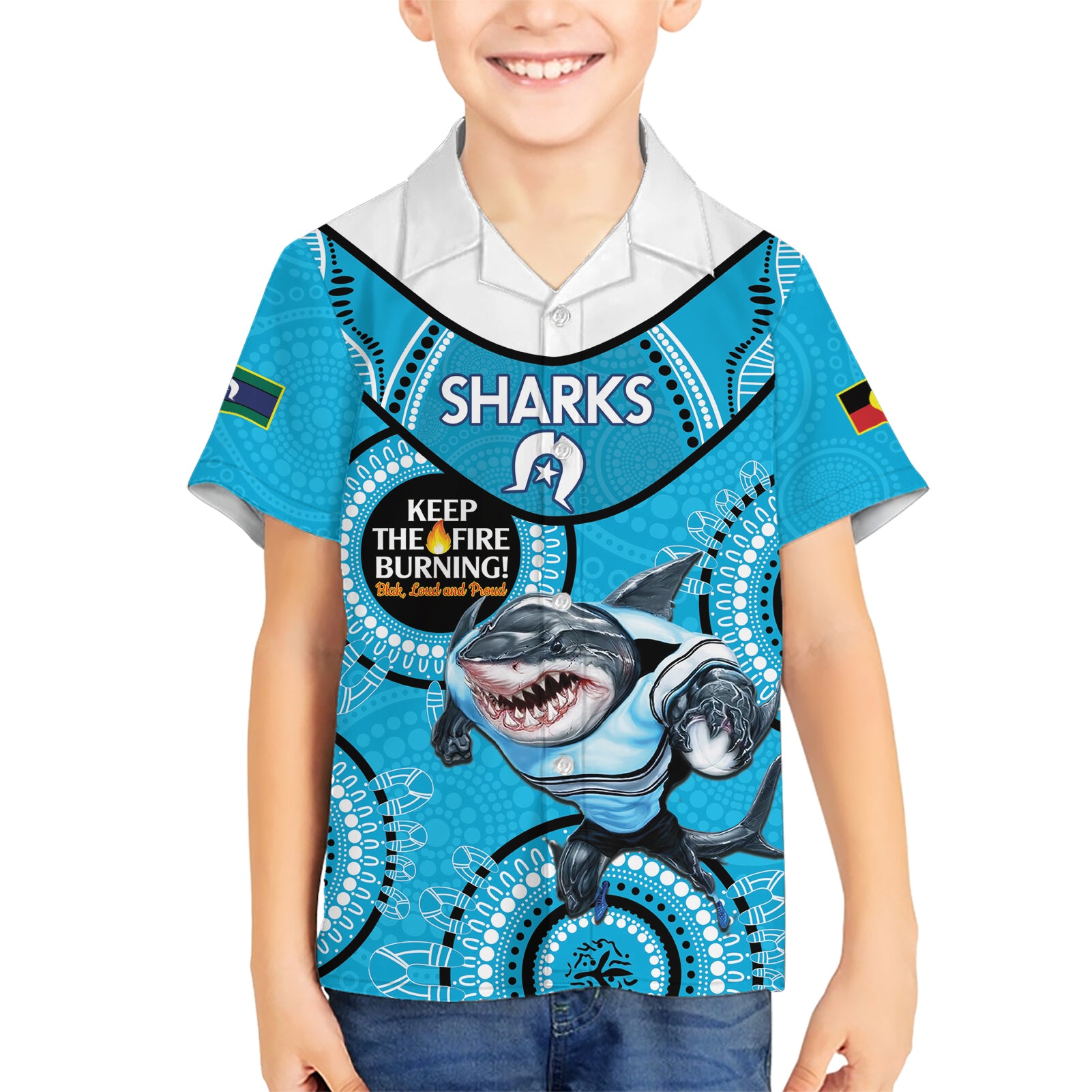 Custom NRL Sharks NAIDOC Week Hawaiian Shirt Keep The Fire Burning Indigenous Art - Vibe Hoodie Shop