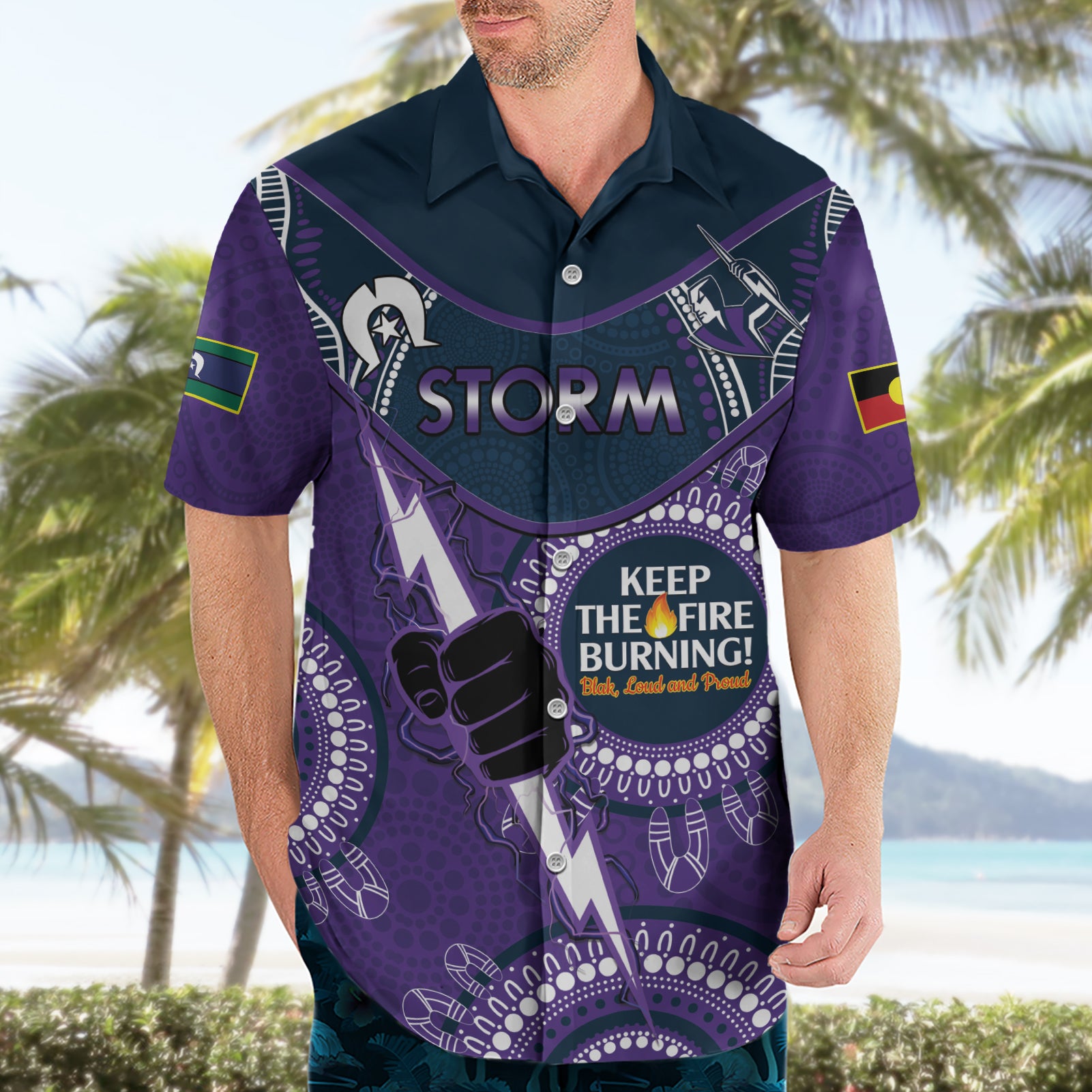 Custom NRL Storm NAIDOC Week Hawaiian Shirt Keep The Fire Burning Indigenous Art - Vibe Hoodie Shop