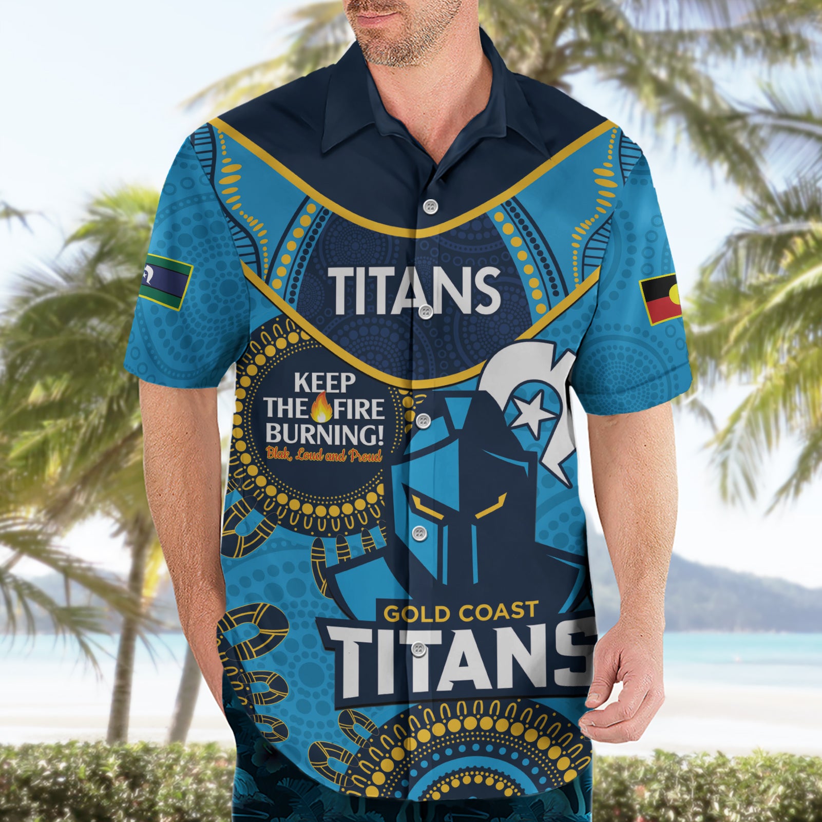 Custom NRL Titans NAIDOC Week Hawaiian Shirt Keep The Fire Burning Indigenous Art - Vibe Hoodie Shop