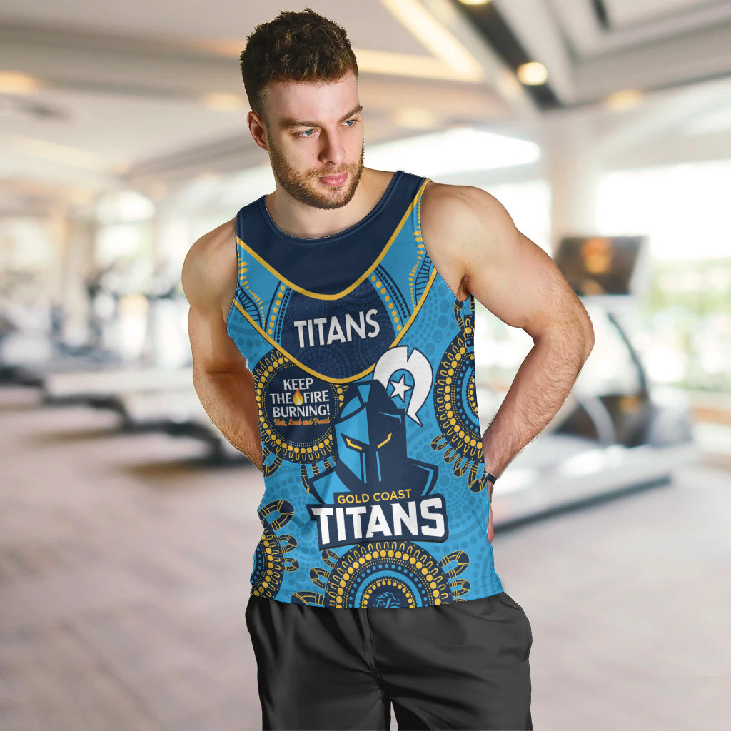 Custom NRL Titans NAIDOC Week Men Tank Top Keep The Fire Burning Indigenous Art - Vibe Hoodie Shop