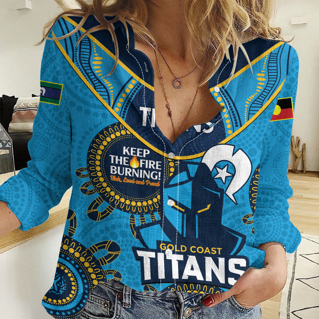Custom NRL Titans NAIDOC Week Women Casual Shirt Keep The Fire Burning Indigenous Art - Vibe Hoodie Shop